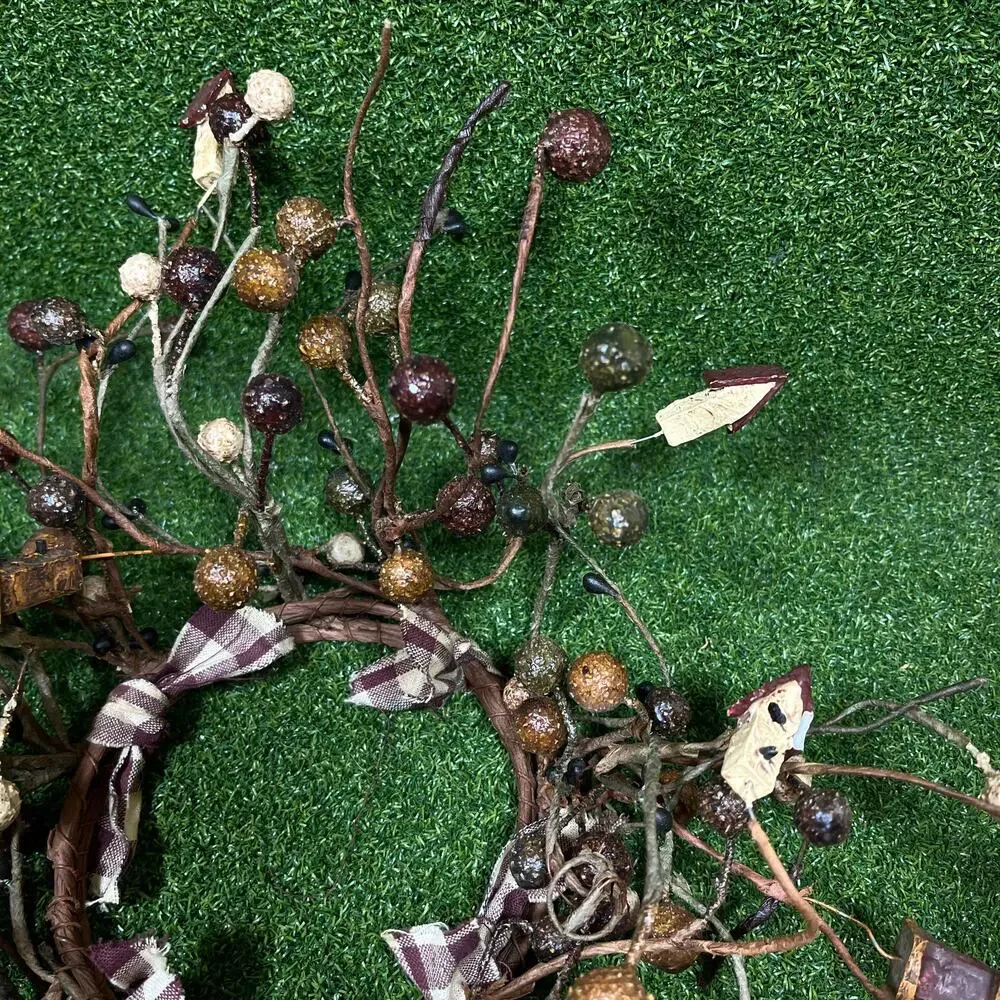 Primitive Folk Art Candle Ring Wreath Berries Acorns Birdhouses Homespun Country